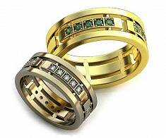 Обручальные кольца плоские с бриллиантами или изумрудами В-4-233